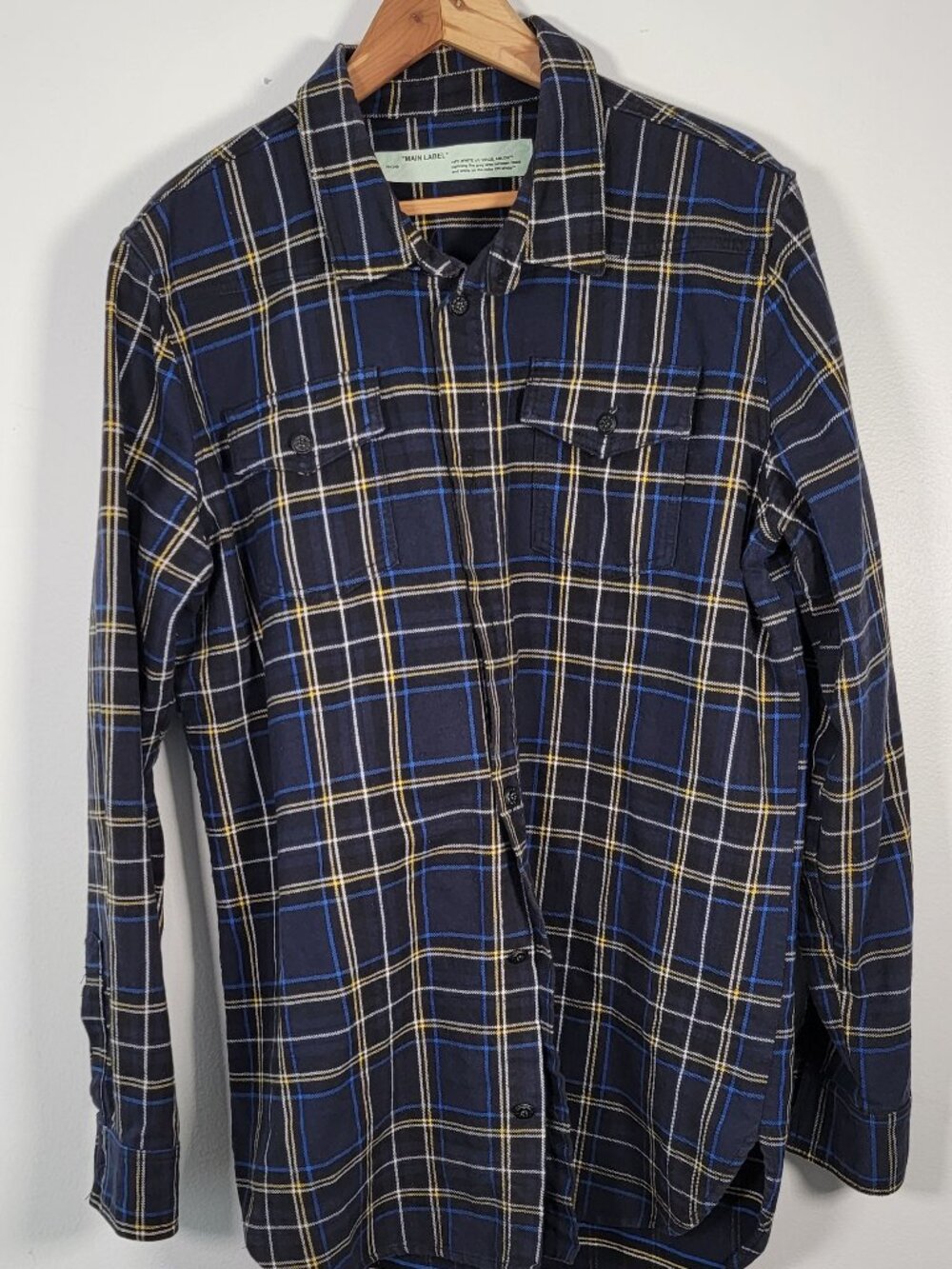 Off-White Navy Yellow Plaid Flannel Shirt XL Arrow Logo Temperature Virgil Abloh